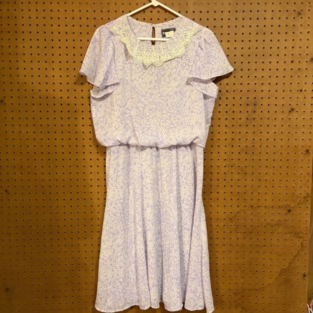 ITEMS‎ Vintage 80s Lavender Abstract Lace Collar Blouson Dress Sz 12 Retro Flowy